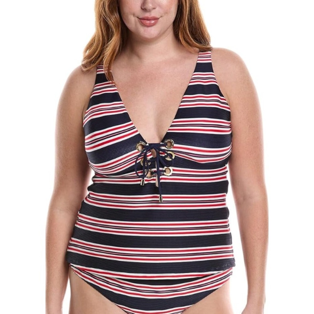 La Blanca Women's Over-The-Shoulder Tankini Swimsuit Top, Plus Size 20, Striped‎